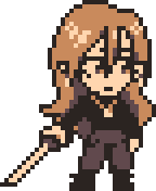 a chibi pixel art drawing of my OC, Diana! they have long blonde hair, a moon necklace, and a sword at their side.